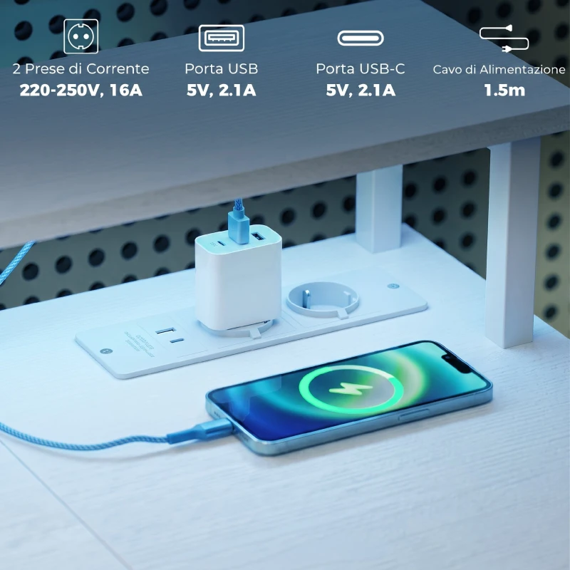 HOMCOM Scrivania per Computer Reversibile Ripiani, con Prese Elettriche e Luci LED, 120x50 cm, Bianco
