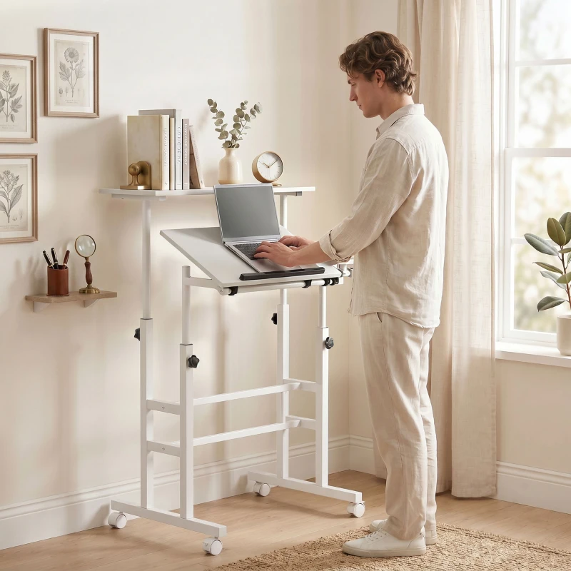 HOMCOM Bureau Assis-Debout, Bureau Réglable en Hauteur 70 x 60 cm, à Roulettes avec Plateau Inclinable, 70x60x70,5-120cm, Blanc