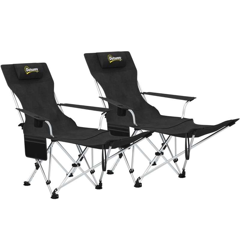 Outsunny Conjunto de 2 Sillas Plegables Camping con Reposapiés Desmontable Reposacabezas Portavasos y Bolsa 125x48x90 cm Negro