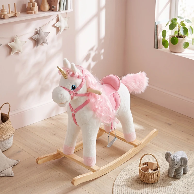 AIYAPLAY Caballito Balancín para Bebés Unicornio Sonidos de Cascos y Relinchos Boca y Cola Móviles 1-3 Años Blanco