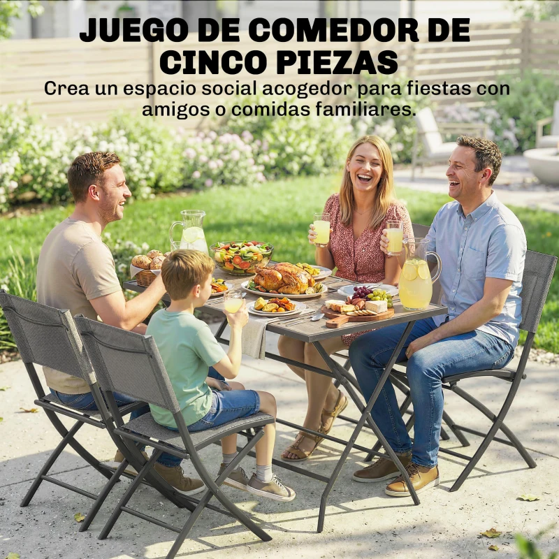 Outsunny Conjunto de Mesa y Sillas Jardín de 5 Piezas Muebles de Jardín Exterior con 4 Sillas Plegables y Mesa Plegable Gris