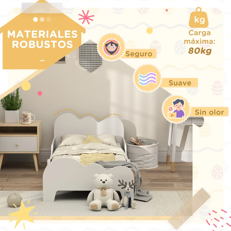 AIYAPLAY Cama para Niños de +3 Años 140x70 cm Tema de Nubes Estructura de Cama infantil con Barandilla Carga 80 kg Blanco