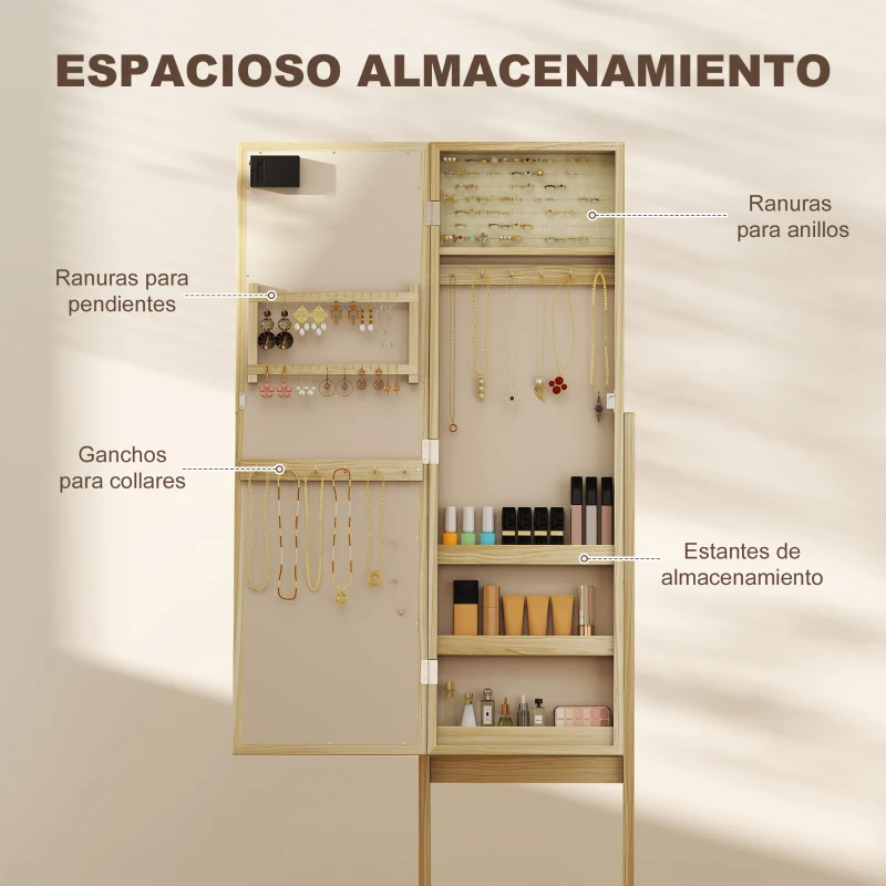 HOMCOM Espejo Joyero con Luces LED Armario para Joyas Armario Joyero de Pie con Espejo Entero Ángulo Ajustable Madera Natural