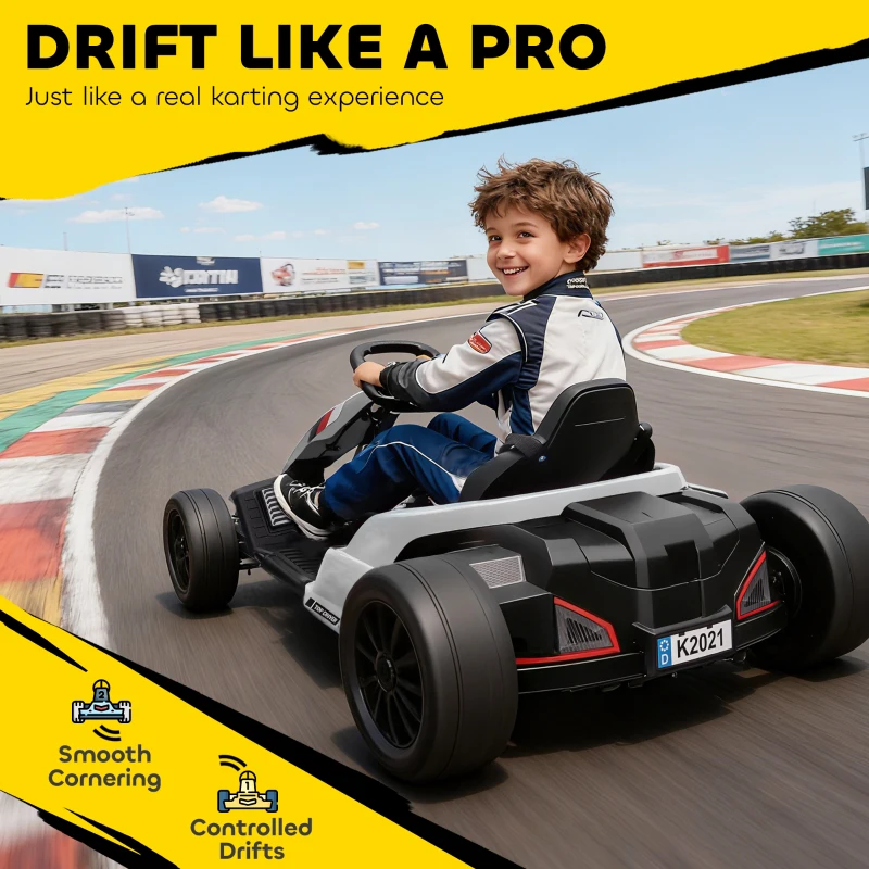 AIYAPLAY 24V Electric Go Kart, Drift Kart with Adjustable Seat, Slow Start, 5-Point Harness, Music, for 6-12 Years, White