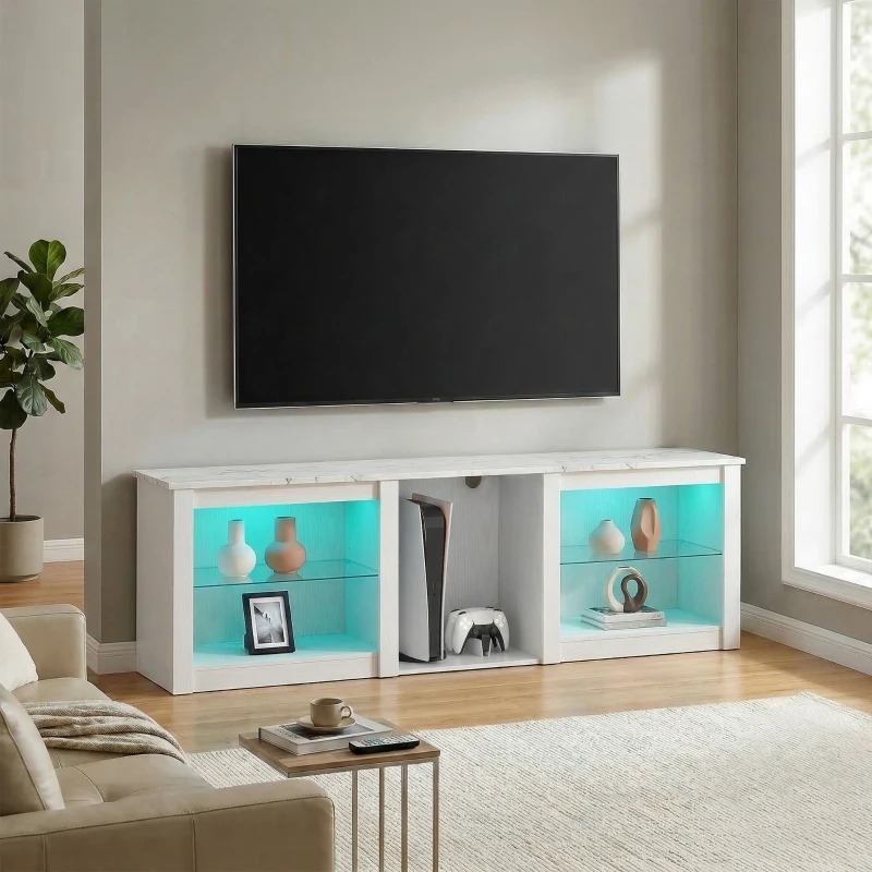 HOMCOM 70in TV Stand, with LED Lights and Storage - White