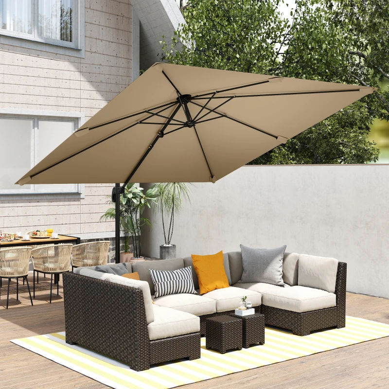 Outsunny 3 x 3 m Cantilever Parasol, Square Patio Umbrella with Crank Handle, Cross Base, Tilt, 360° Rotation, Khaki