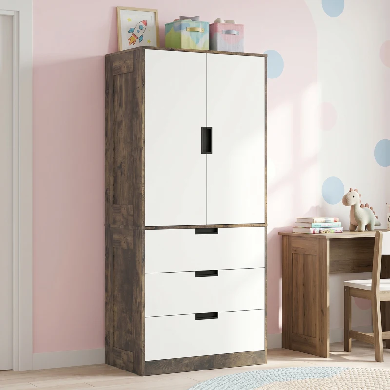 HOMCOM Modern Clothes Storage Cupboard Unit, 3 Drawer 2 Door Wardrobe with Hanging Rod, Rustic Brown