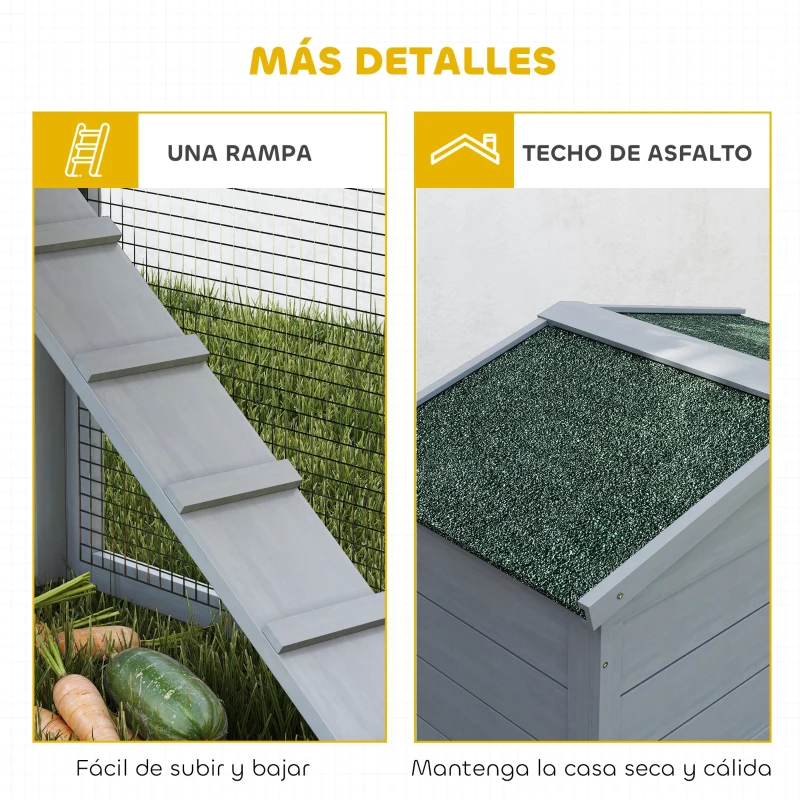 PawHut Conejera de Madera de 2 Niveles con Techo Asfáltico Bandeja Extraíble y Escalera para Exterior 150x45x85 cm Gris