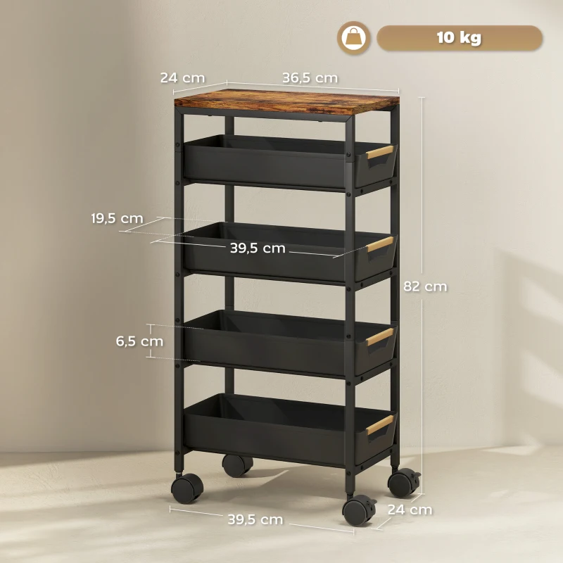 HOMCOM Carro de Cocina de 5 Niveles Carrito Auxiliar con Ruedas Tablero Efecto Madera Cajones Extraíbles 39,5x24x82 cm Negro