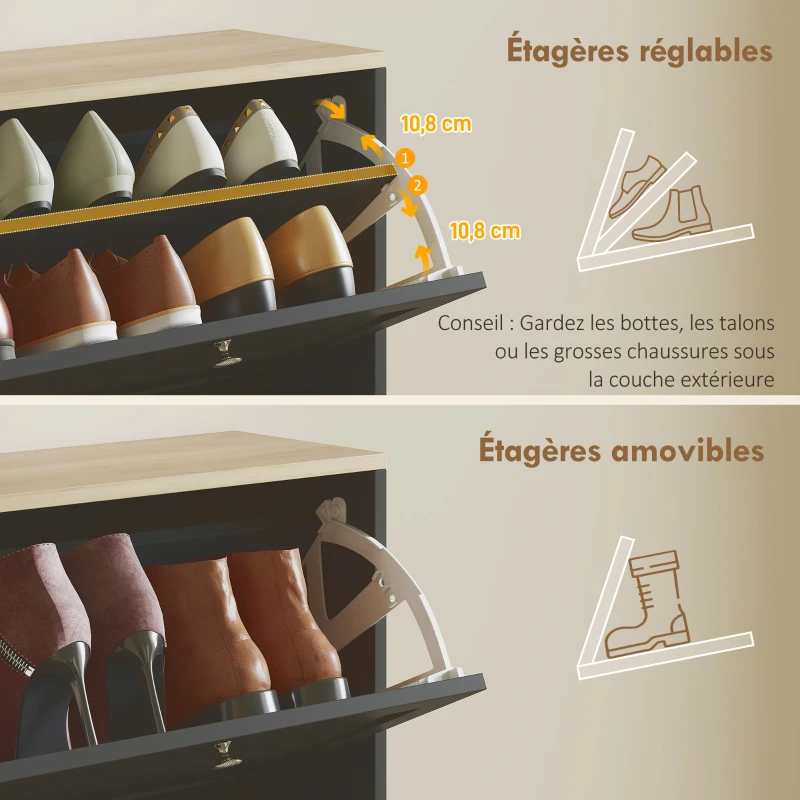 HOMCOM Meuble à chaussures 24 paires, armoire à chaussures avec 4 tiroirs rabattables, étagères réglables, 60x23,5x153cm, noir