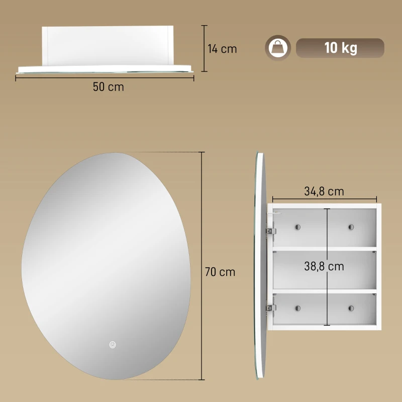 HOMCOM Armoire murale salle de bain avec miroir et éclairage LED, anti-buée, 3 températures de lumière, 50x14x70cm, blanc