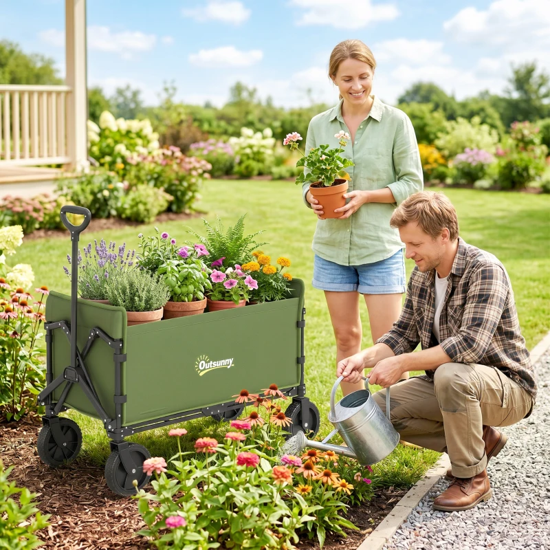 Outsunny 180L Festival Trolley on Wheels, Folding Compact Camping Trolley Cart with Adjustable Handle, 120 KG Capacity for Garden, Beach, Fishing, Green
