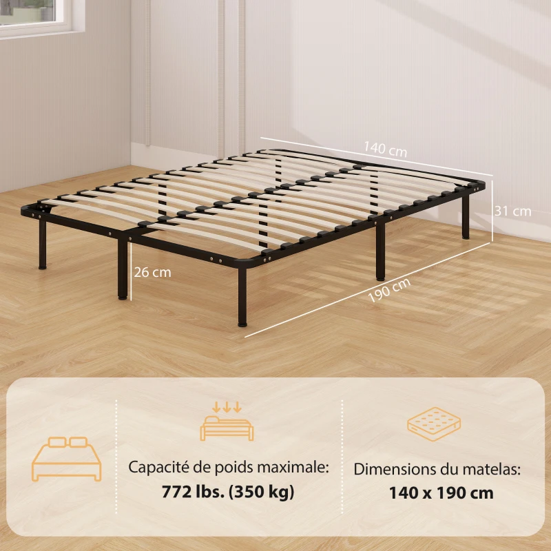 HOMCOM Cadre de lit 140 x 190 cm, lit 2 personnes en bois massif avec sommier à lattes et pied, rangement au-dessous, noir