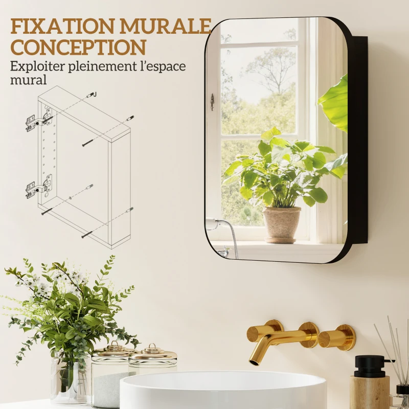 HOMCOM Armoire Murale Salle de Bain avec Miroir, 40 x 10 x 51 cm, avec Porte Miroir à Fermeture Douce et Étagères Réglables, Noir