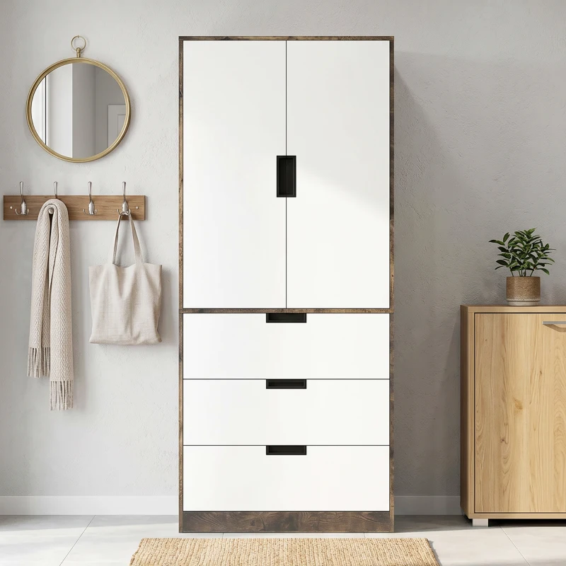 HOMCOM Modern Clothes Storage Cupboard Unit, 3 Drawer 2 Door Wardrobe with Hanging Rod, Rustic Brown