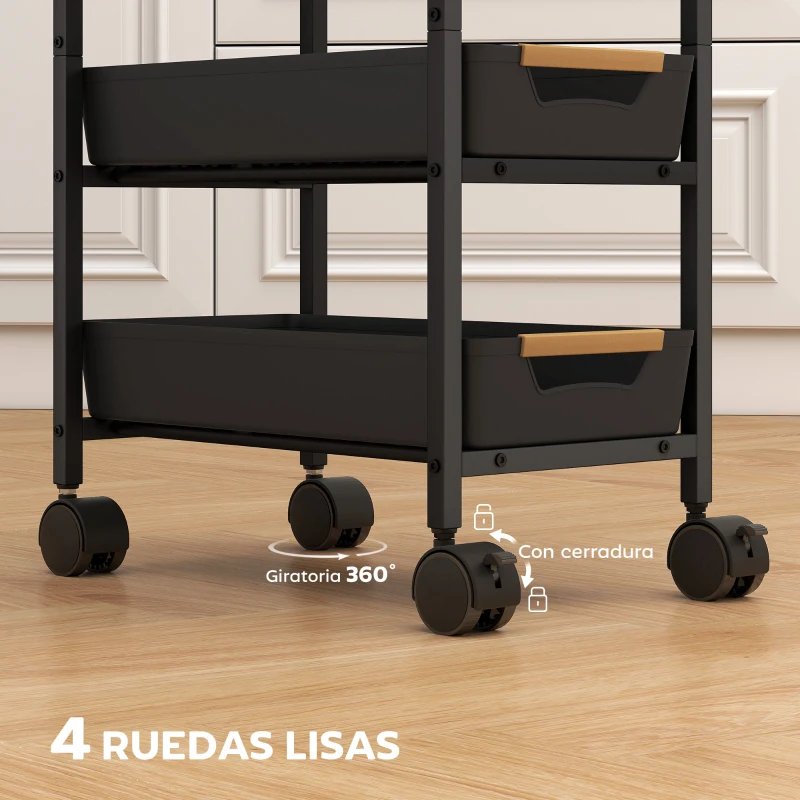 HOMCOM Carro de Cocina de 5 Niveles Carrito Auxiliar con Ruedas Tablero Efecto Madera Cajones Extraíbles 39,5x24x82 cm Negro