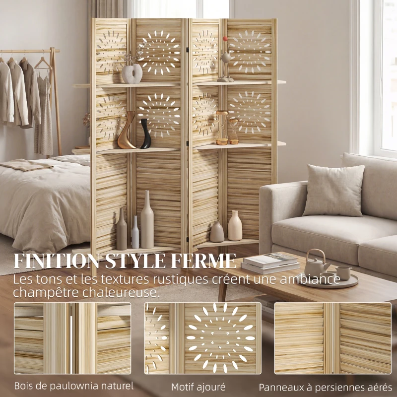 HOMCOM Paravent intérieur 4 panneaux et 3 étagères, 160 x 170 cm, séparateur de pièce pliable, bois de paulownia, bois naturel