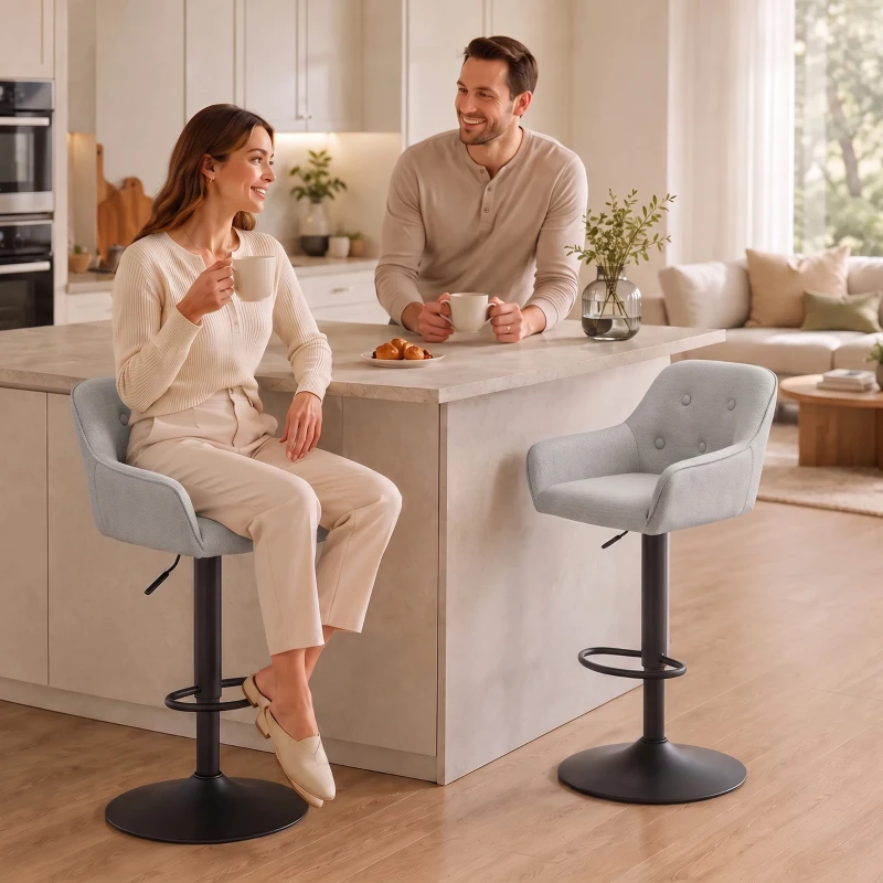 HOMCOM Set de 2 taburete de bar, scaune de bar din chenille, înălțime reglabilă, rotire 360°, spătar și suport pentru picioare, gri