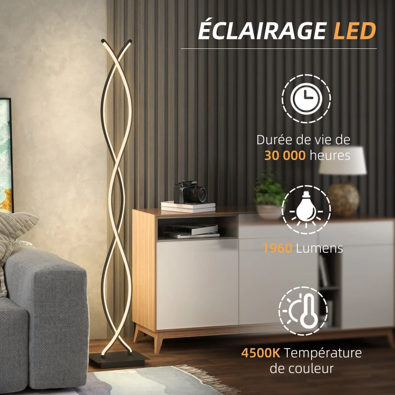 HOMCOM Lampadaire sur pied salon, lampe salon 3 niveaux de luminosité réglables à double spirale avec interrupteur à pied, noir
