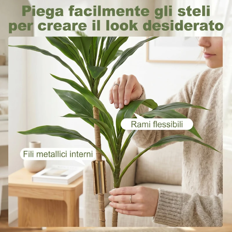 HOMCOM Pianta Artificiale di Cordilinea con 29 Foglie in PEVA, Vaso Nero Riempito in Cemento Effetto Muschio, Verde