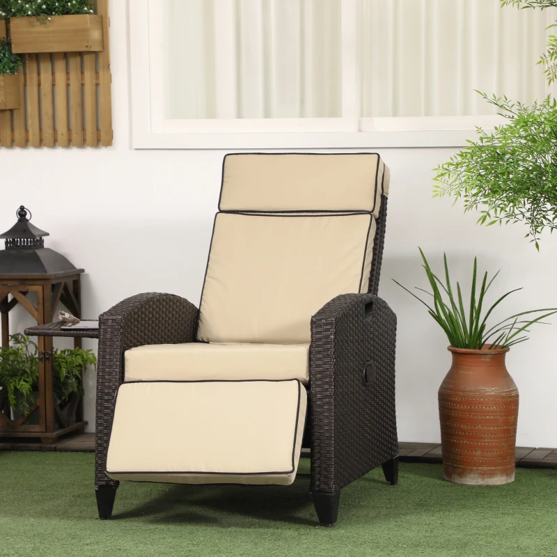 Outsunny Outdoor Recliner Chair with Adjustable Backrest and Footrest, Cushion, Side Tray, Khaki/Brown