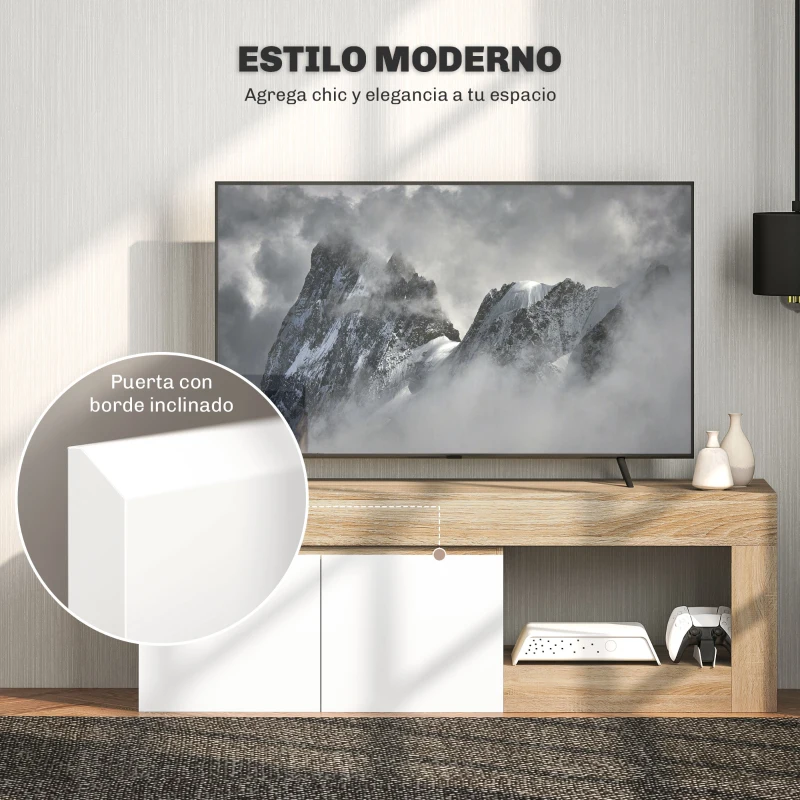 HOMCOM Mueble de TV Moderno para Salón con 2 Puertas Estante Abierto para Televisión 60 Pulgadas 140x40x48 cm Blanco y Natural
