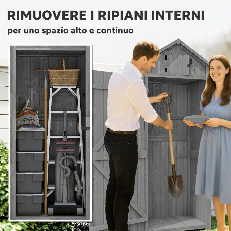 Outsunny Capanno da Giardino Porta Attrezzi in Legno Impermeabile, 77x54.2x179cm - Grigio