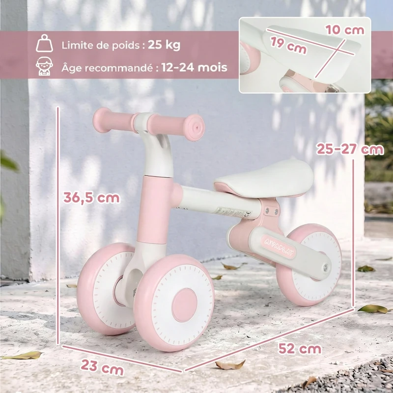 AIYAPLAY Draisienne Bébé 1-2 Ans Pliable, Siège Réglable, Direction Limitée à 135°, Pneus EVA Silencieux, 52x23x36,5cm, Rose
