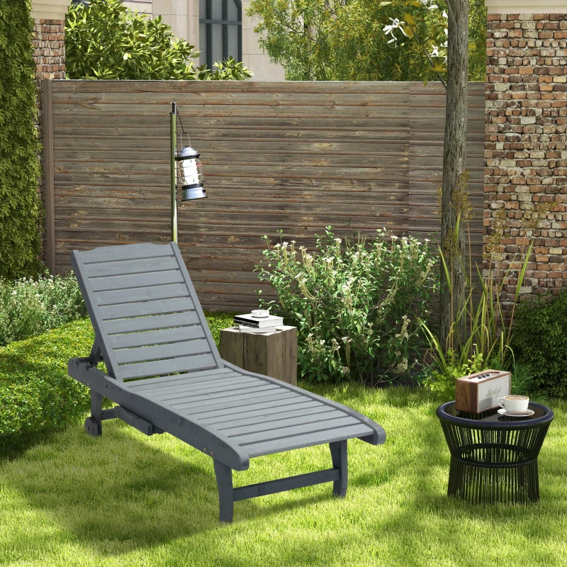 Outsunny Garden Patio Sun Lounger, Outdoor Wooden Sun Bed with Built-In Table, Reclining Backrest and Rolling Wheels for Sunbathing, Grey