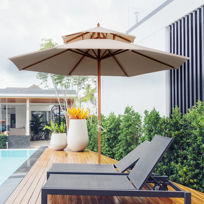 Outsunny Parasol en Bois Droit 2 Toit Polyester 180 g/m² dia. 2,7 x 2,6H m beige