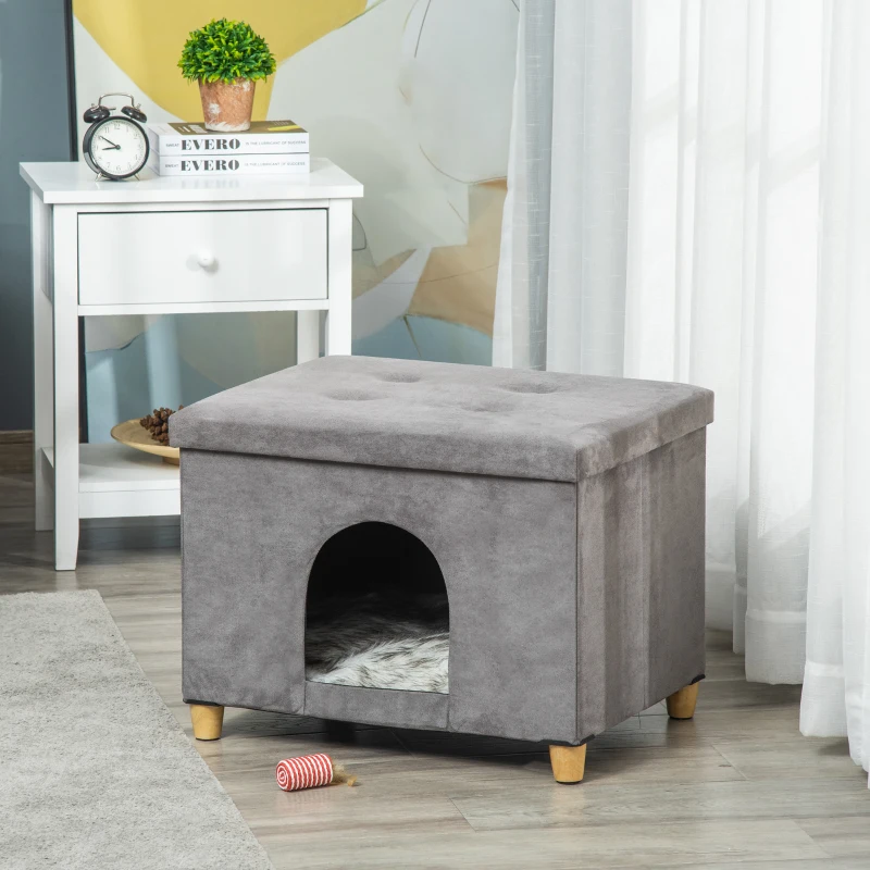 PawHut Cueva para Gatos 2 en 1 Taburete Reposapiés con Tapa Extraíble Orificio de Entrada Cojín Lavable y Patas Elevadas de Madera para Interior 60x45x44,5 cm Gris