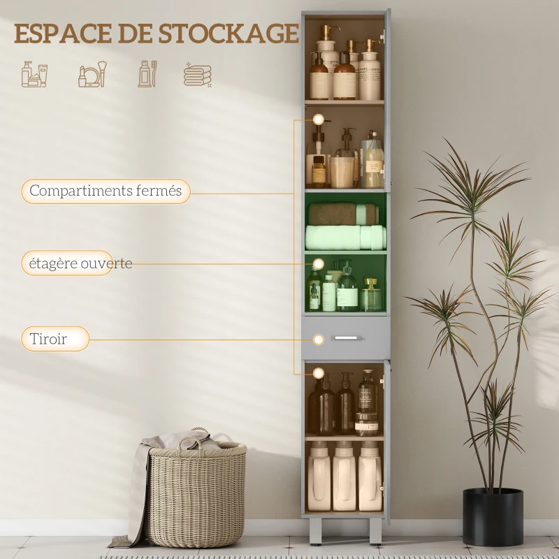 HOMCOM Meuble colonne salle de bain avec étagères réglables et compartiments ouverts, 30x30x180cm, gris brillant