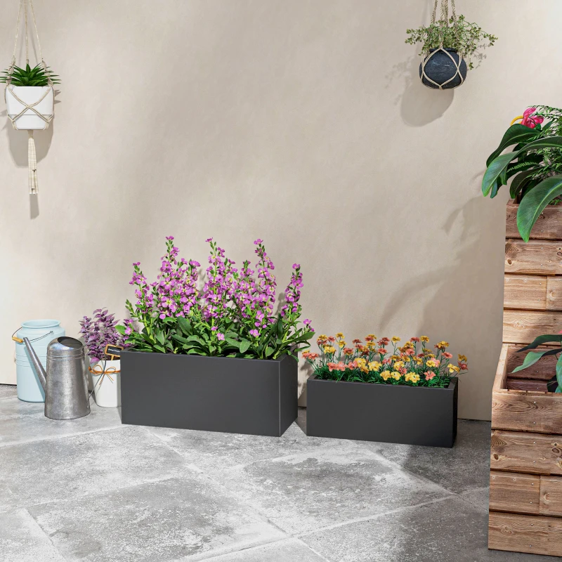 Outsunny Set da 2 Vasi da Giardino Rettangolari Impilabili per Esterno e Interno, Nero
