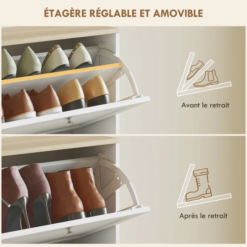 HOMCOM Meuble à chaussures 24 paires, armoire à chaussures avec 4 tiroirs rabattables, étagères réglables, 60x23,5x153cm, blanc