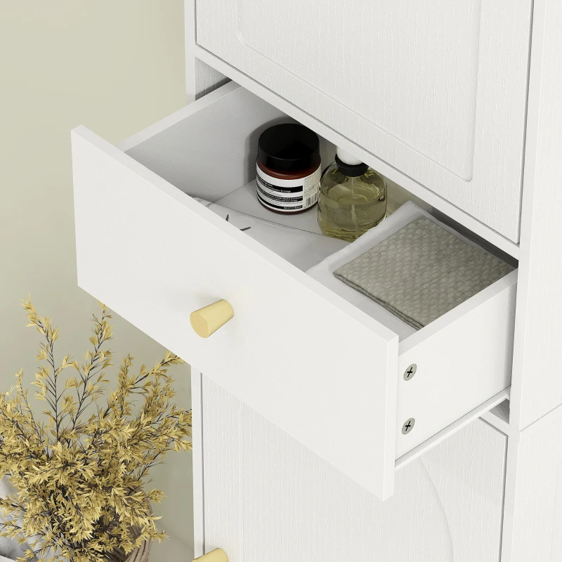 HOMCOM Armario Alto de Baño Estrecho con 2 Puertas Arqueadas Cajón y Estantes Ajustables Moderno 40x29,5x170 cm Blanco Veteado