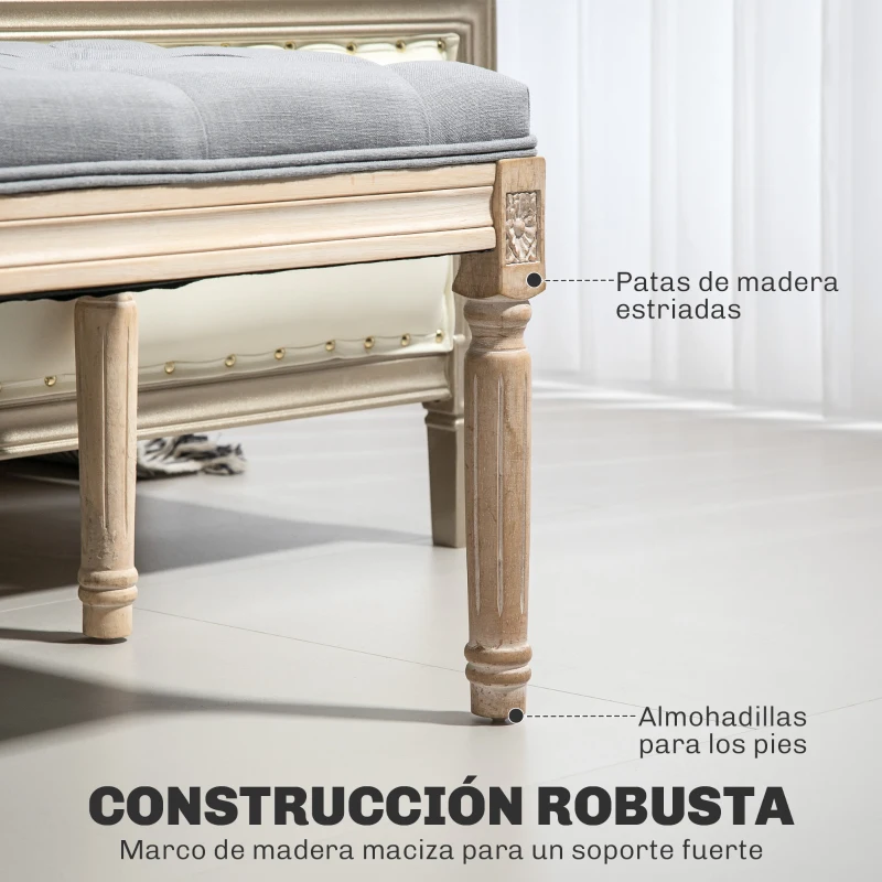 HOMCOM Banco Pie de Cama Tapizado en Lino Sintético con Patas de Madera y Asiento Acolchado Estilo Vintage Gris Claro