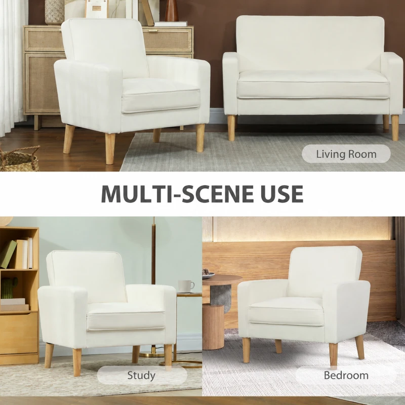 HOMCOM Fauteuil de salon en velours, canapé 1 place rembourré avec assise large, pour chambre, salon, petit espace, crème
