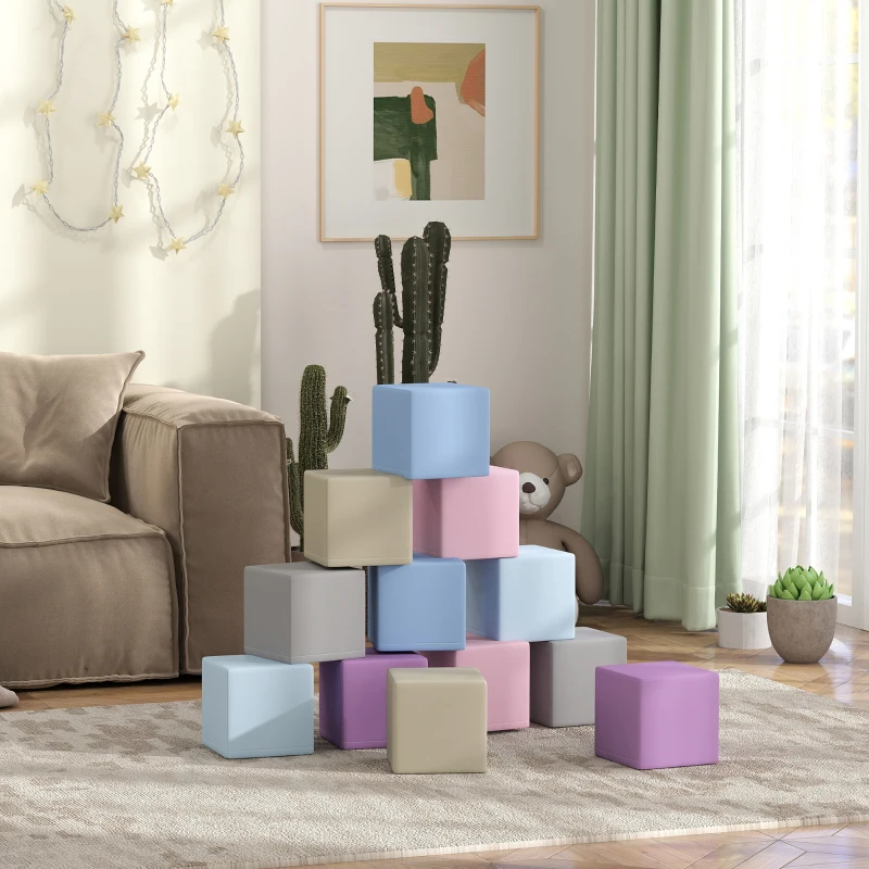 HOMCOM Set 12 Cuburi Moi de Jucărie pentru Copii 12-36 Luni din PU și EPE, 20x20x20 cm, Multicolor