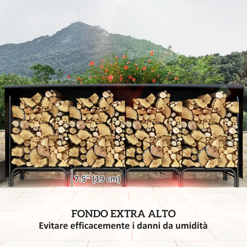 Outsunny Portalegna da Interno ed Esterno in Metallo con Telo Porta Legna e Copertura, 240x36x99cm, Nero
