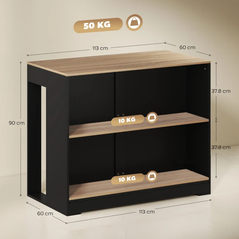HOMCOM Bar Insulă Bucătărie cu 3 Rafturi pentru Living și Sufragerie, 113x60x90 cm, Negru și Lemn