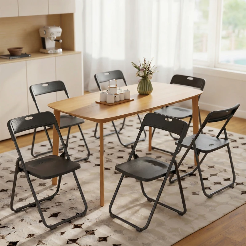 HOMCOM Juego de 6 Sillas Plegables de Plástico con Respaldo Curvo Diseño Ventilación Estructura de Acero 48,5x47x75 cm Negro