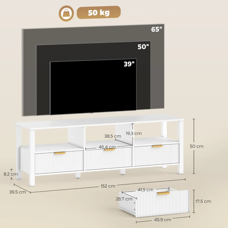 HOMCOM Meuble TV 152 cm, meuble télé pour téléviseur 65 pouces avec 3 tiroirs et 3 étagères ouvertes, 152x39,5x50cm, blanc