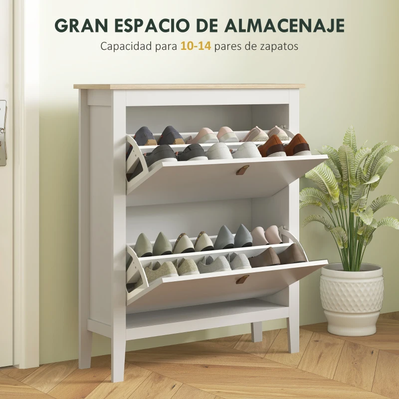 HOMCOM Zapatero Estrecho con 2 Compartimentos y Tiradores de Cuero PU para Pasillos y Recibidores 80x24x95,5 cm Blanco y Madera