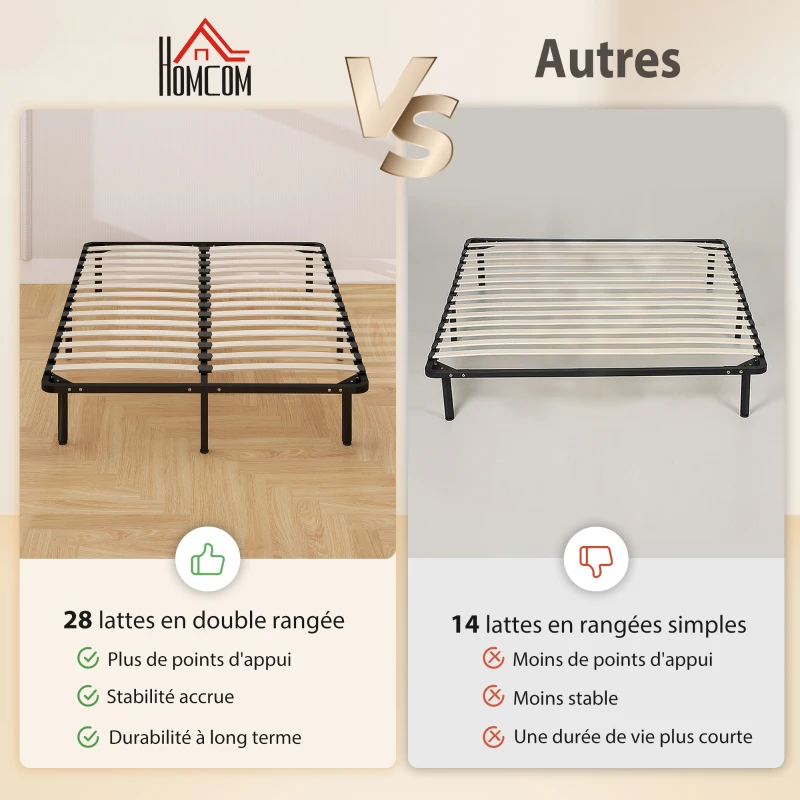 HOMCOM Cadre de lit 140 x 190 cm, lit 2 personnes en bois massif avec sommier à lattes et pied, rangement au-dessous, noir