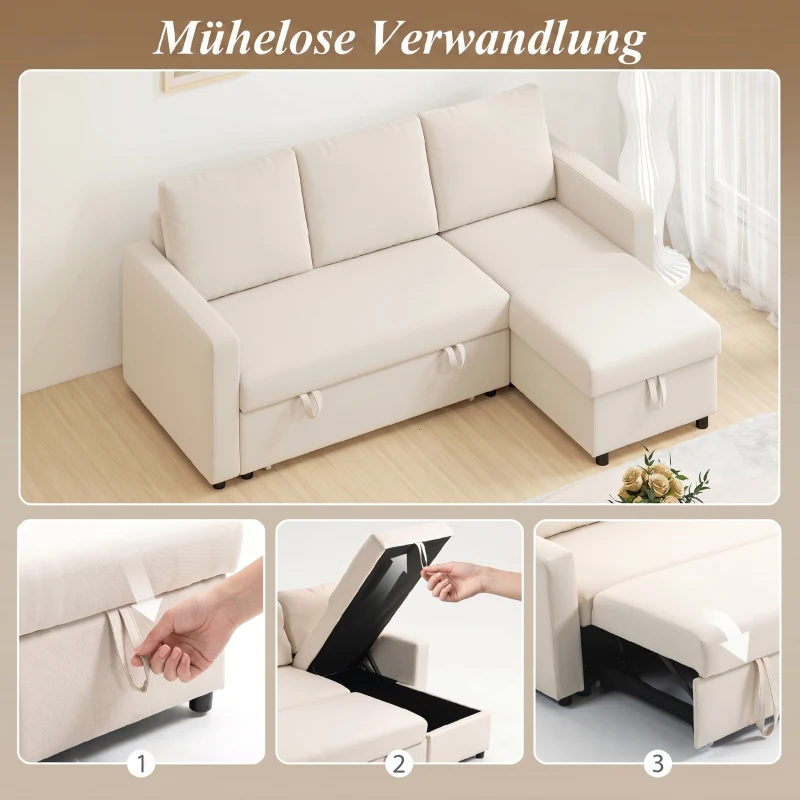 HOMCOM Canapé d'angle convertible modulable avec méridienne réversible, coffre de rangement et 3 coussins de dossier, crème(m-4)