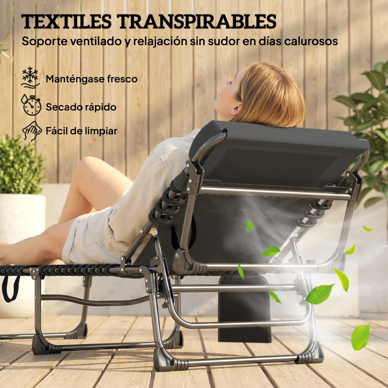 Outsunny Set de 2 Tumbonas Plegables con Reposacabezas Bolsillo Lateral y Respaldo Reclinable en 5 Posiciones Negro