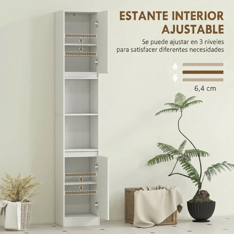 HOMCOM Columna de Baño Estrecha con 2 Puertas y 2 Estantes Abiertos para Espacios Pequeños 30x24x170 cm Blanco