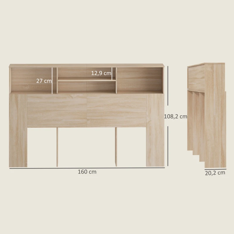 HOMCOM Tête de lit sur pied avec rangements, accessoire de lit 4 compartiments ouverts, 160 x 20,2 x 108,2 cm, bois naturel