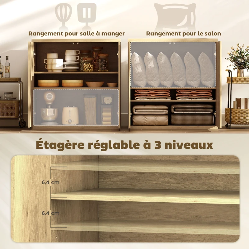HOMCOM Buffet Salon, Meuble de Rangement Moderne avec Portes à Fermeture Douce et Étagères Ajustables, 78 x 39 x 79 cm, Chêne