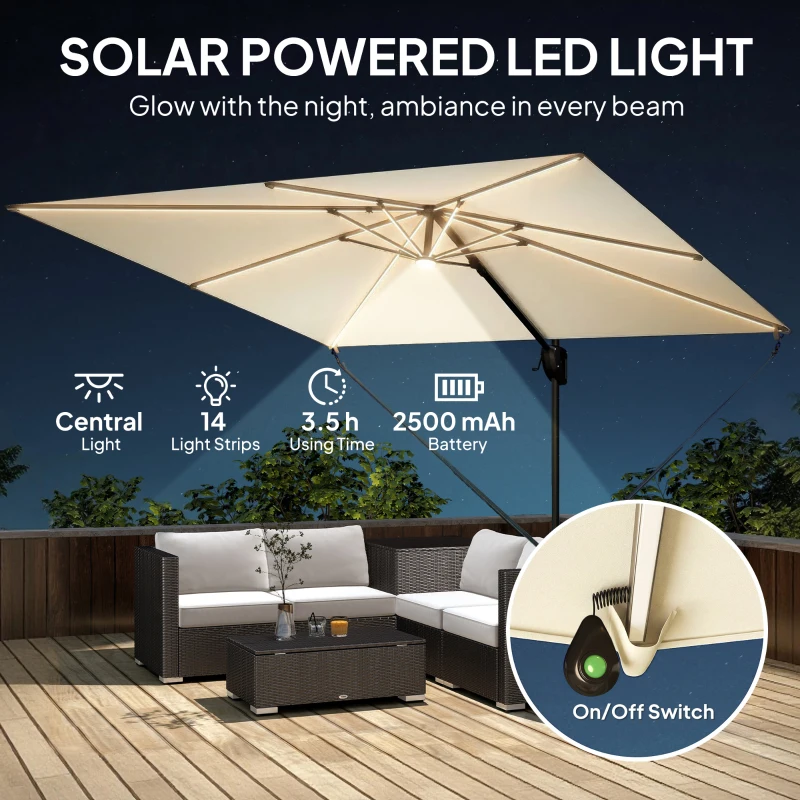 Outsunny 3 x 3 m Garden Cantilever Parasol w/ Light, Cover, UPF50+ Patio Umbrella w/ Wind Protection, 360° Rotation, Cream White